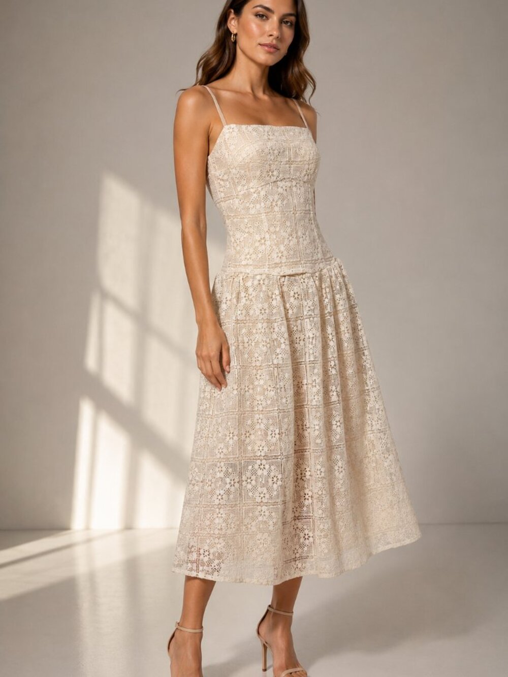 Avec Les Filles Size 2 Ivory Lace Drop Waist Midi Dress Spaghetti Strap